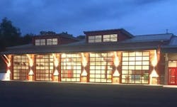 The Hanover Township, PA, Fire Department&apos;s new headquarters all lit up during the final phase of construction in August 2017.