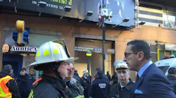 New York City Fire Commissioner Daniel Nigro, right, speaks with firefighters after a man detonated a pipe bomb near the Port Authority bus terminal on Dec. 11, 2017.