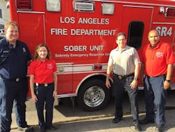 Members of the Los Angeles Fire Department&apos;s new SOBER Unit pose with LAFD Medical Director Marc Eckstein, third from left. The unit is comprised of firefighter/paramedic Eric Ingstad, nurse practitioner Nancy Richardson and case worker Victor Chavez.