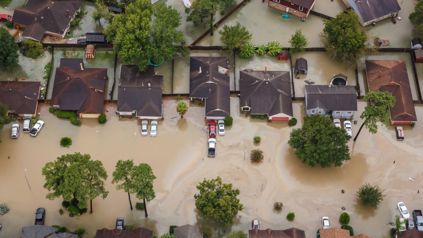 A residential neighborhood near Interstate 10 sits beneath floodwaters in the wake of Hurricane Harvey in Houston on Aug. 29, 2017.