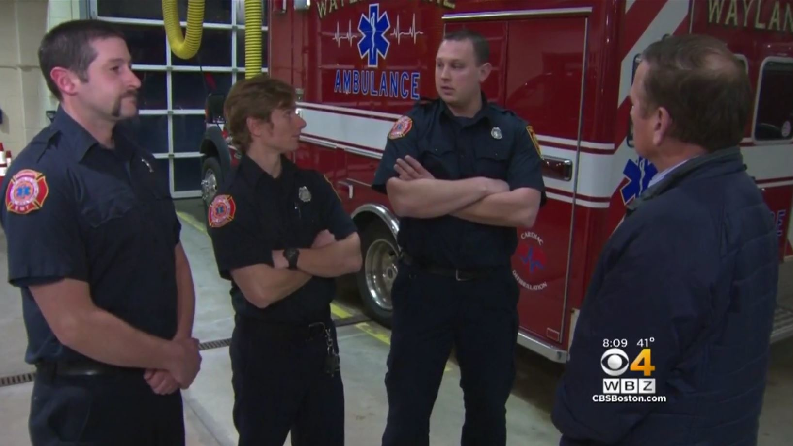 Wayland, MA, firefighters Dean Casali, Patrick Walkinshaw and William Tyree speak to a news reporter about their efforts to save a boy who was choking in Wayland, MI.