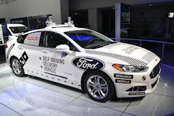 This Ford Fusion hybrid, specially outfitted to be a Level 4 capable driverless pizza delivery research vehicle, is currently undergoing real-world field testing in Ann Arbor, MI. Photos by Ron Moore
