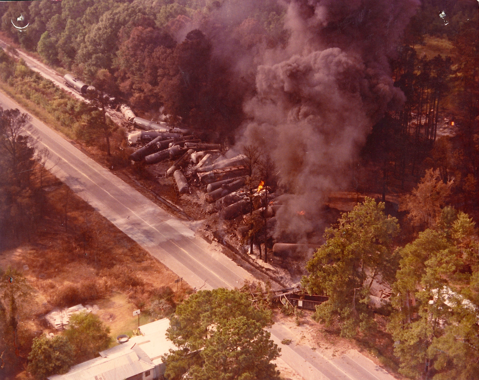 An aerial view of the derailment site on the first day