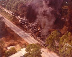 An aerial view of the derailment site on the first day An aerial view of the derailment site on the first day
