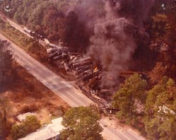 An aerial view of the derailment site on the first day