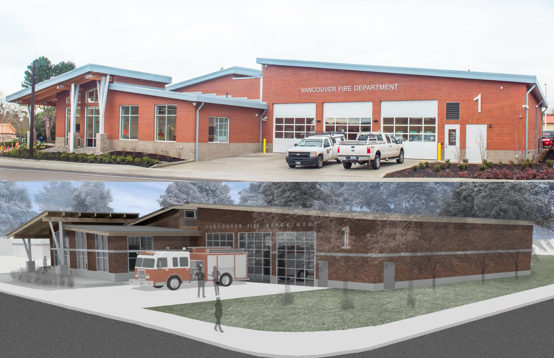 Vancouver firefighters have moved into new Stations 1 and 2 and the fire chief said the stations represent a change in the department's culture. Crews moved into Station 1 (top) in January finishing touches are still being completed. The bottom image is the architect's rendering of Station 1.