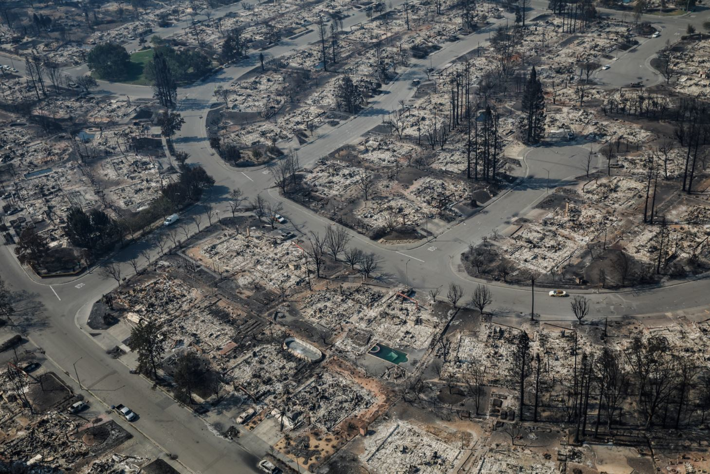 The Coffey Park neighborhood in Santa Rosa, CA, following the wildfire devastation of October 2017.