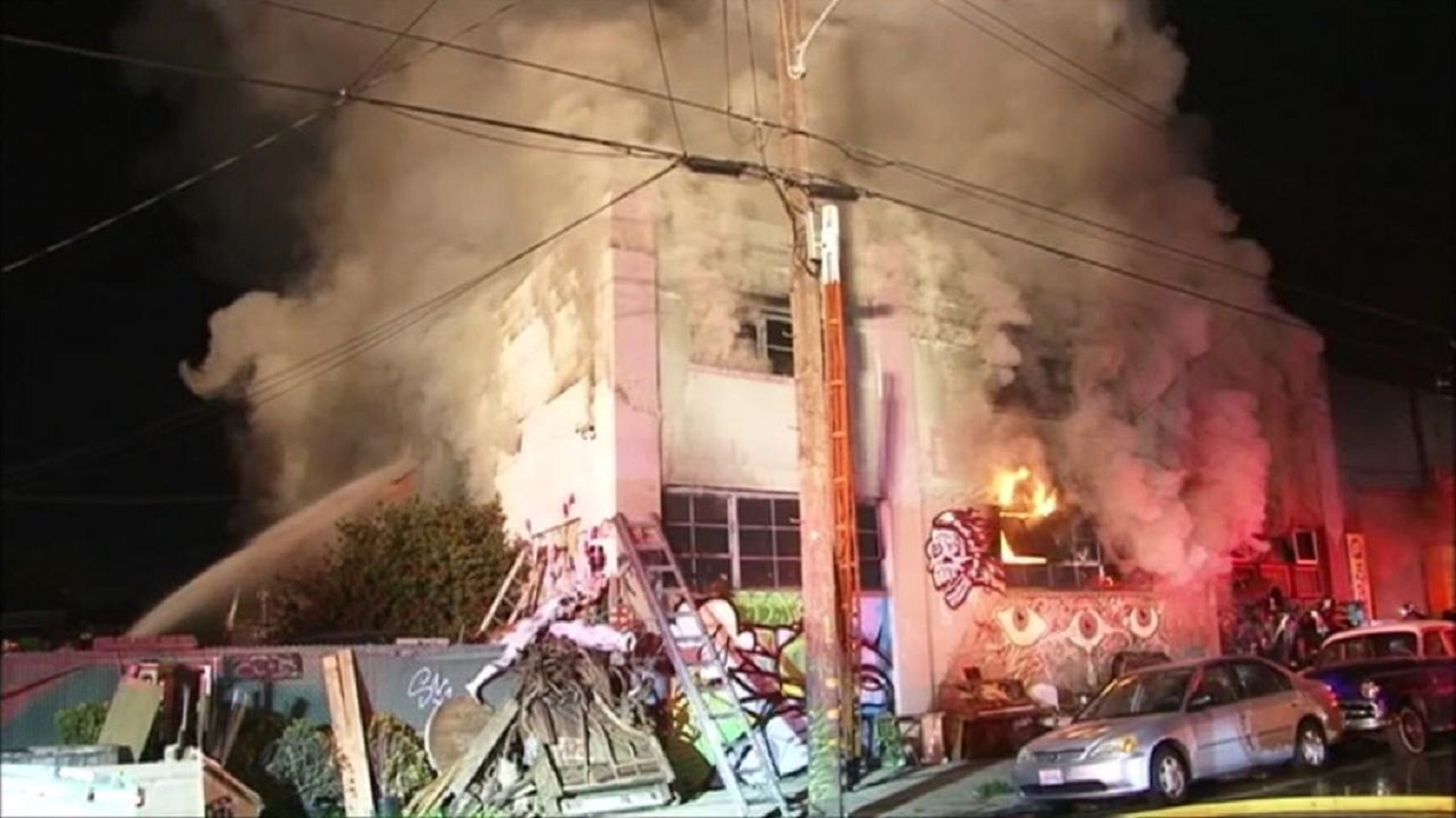 The Ghost Ship warehouse in Oakland, CA, during a fire on Dec. 2, 2016, that killed 36 people.
