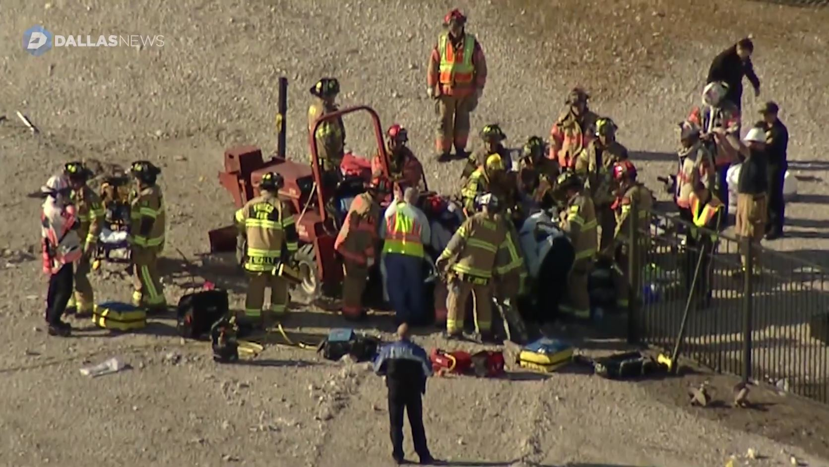 Frisco firefighters are gathered around a construction worker whose leg was mangled by heavy machinery while trauma surgeons prepare to perform an on-scene amputation last week.