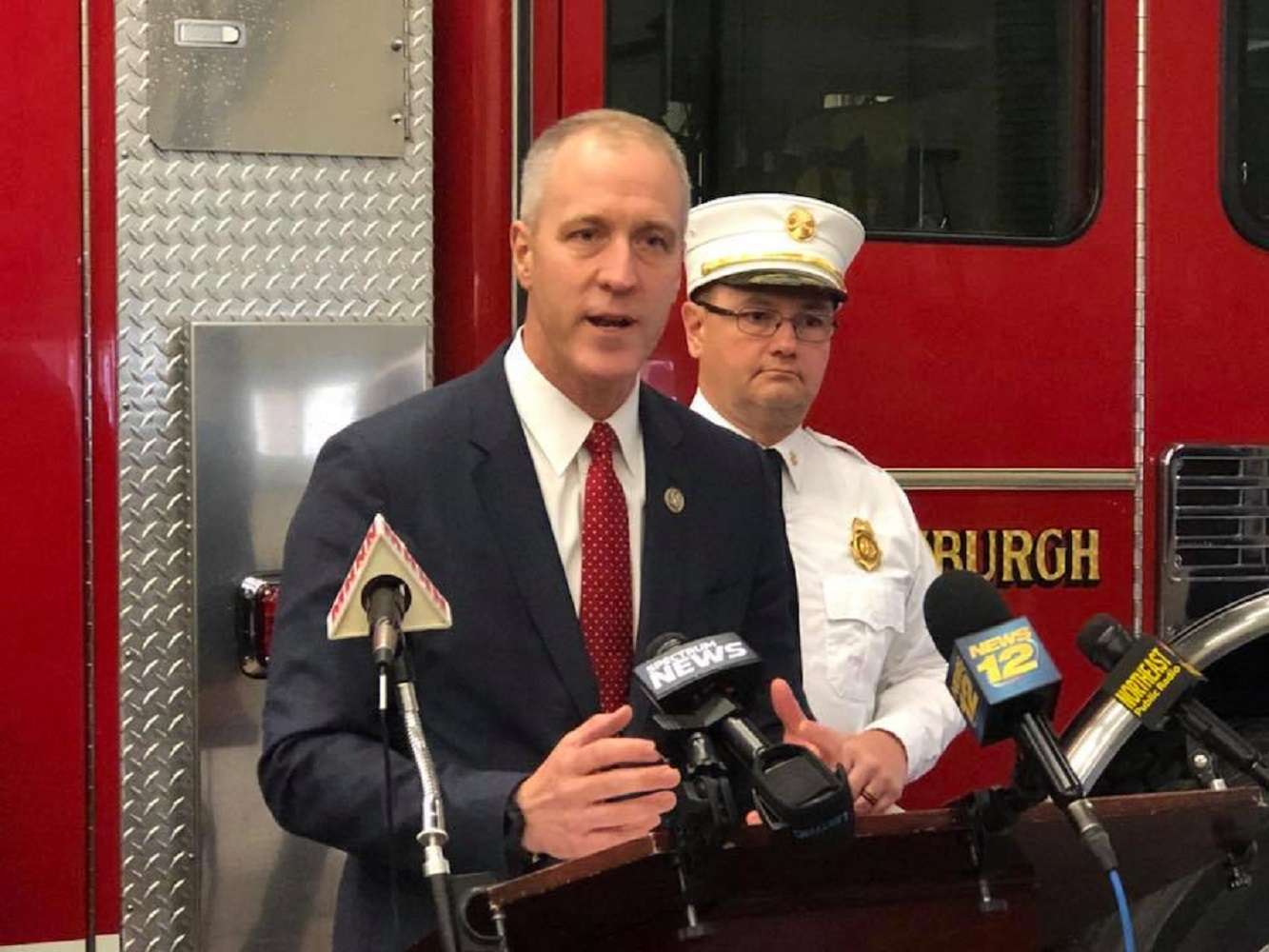 U.S. Rep. Sean Maloney speaks during a press conference at a Newburgh, NY, fire station on Feb. 1.