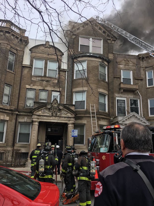 Chicago firefighters on scene at an apartment fire on Wednesday, Feb. 21, 2018, in the Bronzeville neighborhood on the city&apos;s South Side.