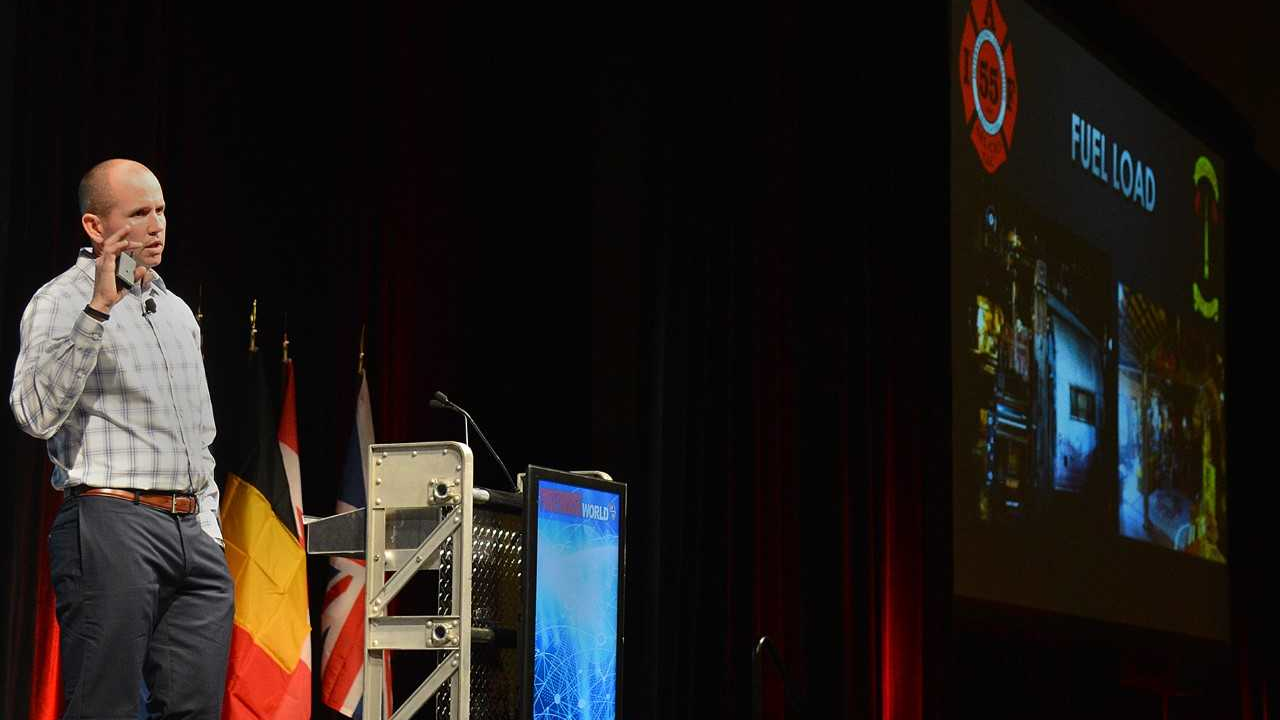 Oakland, CA, Battalion Chief James Bowron speaks about his experience as incident commander at the Ghost Ship warehouse fire at Firehouse World in San Diego on March 7, 2018.