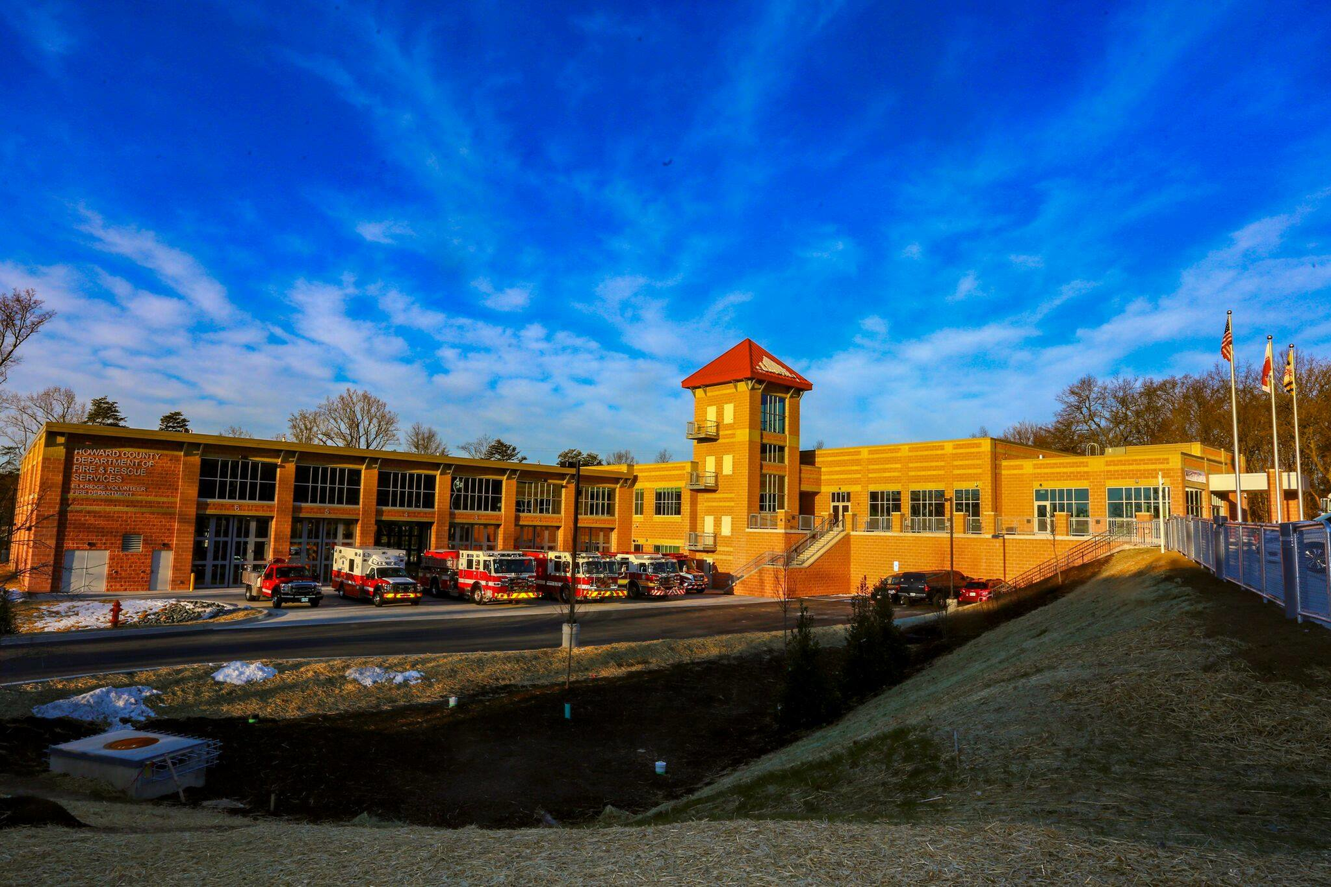 The new Elkridge fire station has six pull-through apparatus bays, living space for crews and a hall for community events.
