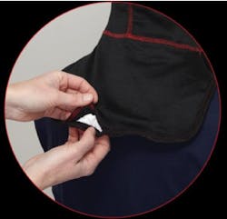 The GORE Particulate Hood has an inspection opening that allows you to invert the hood and inspect the protective barrier — which covers the entire hood — for cuts, holes, and tears and then turn it right-side out again. The red stitching helps you know that you are wearing the right side out. The GORE Particulate Hood has an inspection opening that allows you to invert the hood and inspect the protective barrier — which covers the entire hood — for cuts, holes, and tears and then turn it right-side out again. The red stitching helps you know that you are wearing the right side out.
