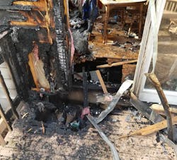 Charlie division identified that the floor joists had been burned out on the first floor, directly inside the Charlie side patio door. Charlie division identified that the floor joists had been burned out on the first floor, directly inside the Charlie side patio door.