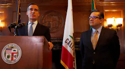 Los Angeles Mayor Eric Garcetti, left, and City Administrative Officer Miguel A. Santana, right, during a 2016 news conference.