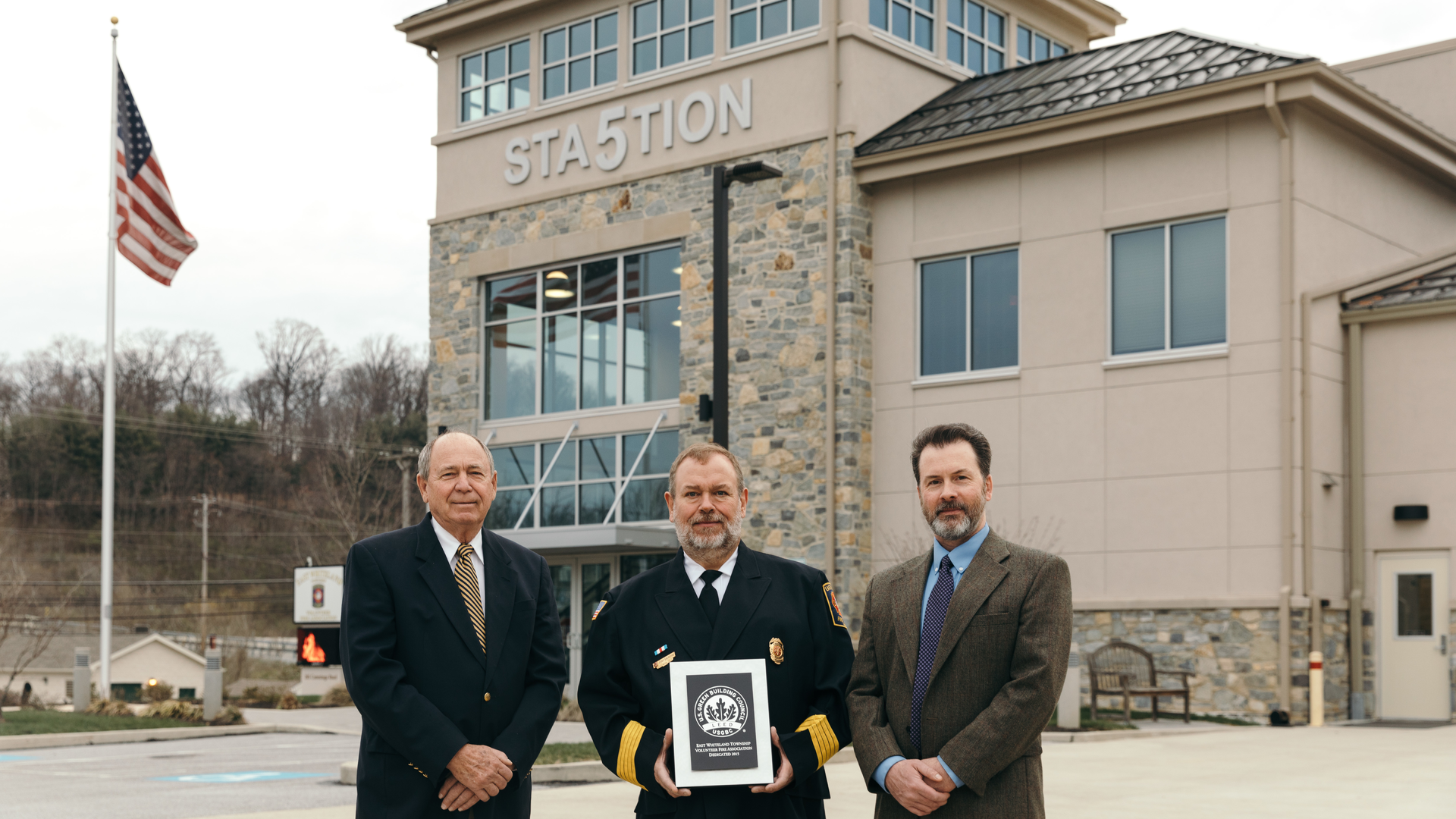 A. Joseph Rubino, chairman of the Board of Directors for the East Whiteland Township Volunteer Fire Association (left to right), fire association President Gary Sheridan and Bernardon Project Architect John D. Meadows outside of Pennsylvania's first LEED Silver fire station.