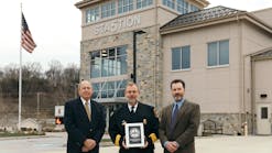 A. Joseph Rubino, chairman of the Board of Directors for the East Whiteland Township Volunteer Fire Association (left to right), fire association President Gary Sheridan and Bernardon Project Architect John D. Meadows outside of Pennsylvania&apos;s first LEED Silver fire station.