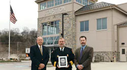 A. Joseph Rubino, chairman of the Board of Directors for the East Whiteland Township Volunteer Fire Association (left to right), fire association President Gary Sheridan and Bernardon Project Architect John D. Meadows outside of Pennsylvania's first LEED Silver fire station.