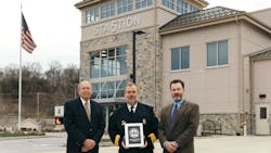 A. Joseph Rubino, chairman of the Board of Directors for the East Whiteland Township Volunteer Fire Association (left to right), fire association President Gary Sheridan and Bernardon Project Architect John D. Meadows outside of Pennsylvania's first LEED Silver fire station. A. Joseph Rubino, chairman of the Board of Directors for the East Whiteland Township Volunteer Fire Association (left to right), fire association President Gary Sheridan and Bernardon Project Architect John D. Meadows outside of Pennsylvania's first LEED Silver fire station.