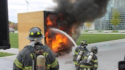 Albany, NY, firefighters stage a controlled burn during a demonstration to college students in October 2016. Albany, NY, firefighters stage a controlled burn during a demonstration to college students in October 2016.