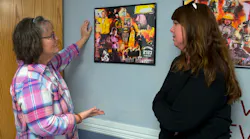Rhonda Chapman talks with Wendy Norris about the memorial to her son, Jerry Chapman, at the West Volunteer Ambulance station. Rhonda and her husband, Dane, work with Norris on the Texas LODD Task Force.