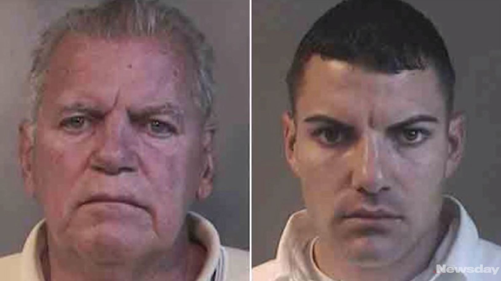 Former New Hyde Park, NY, Fire Commissioner Michael Dolan Sr., left, and his firefighter son Michael Dolan Jr. in their 2012 booking photos.