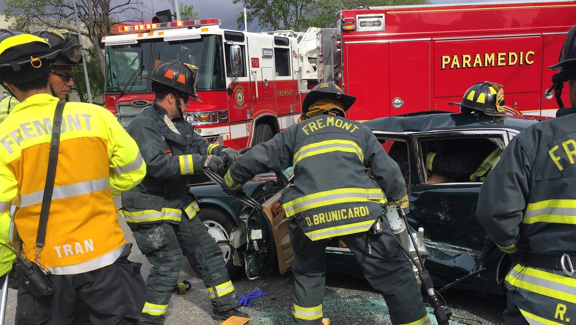 Fremont firefighters operating at the scene of a vehicle wreck in April 2017.