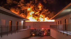 Crews with the Orange County Fire Authority on scene Sunday, April 29, 2018, during a massive fire at a self-storage facility in Laguna Hills, CA.