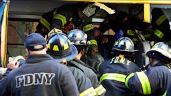 FDNY firefighters on scene after a gunman emerged from a crashed truck and opened fire after plowing down riders on a Manhattan bike path on Oct. 31, 2017. FDNY firefighters on scene after a gunman emerged from a crashed truck and opened fire after plowing down riders on a Manhattan bike path on Oct. 31, 2017.