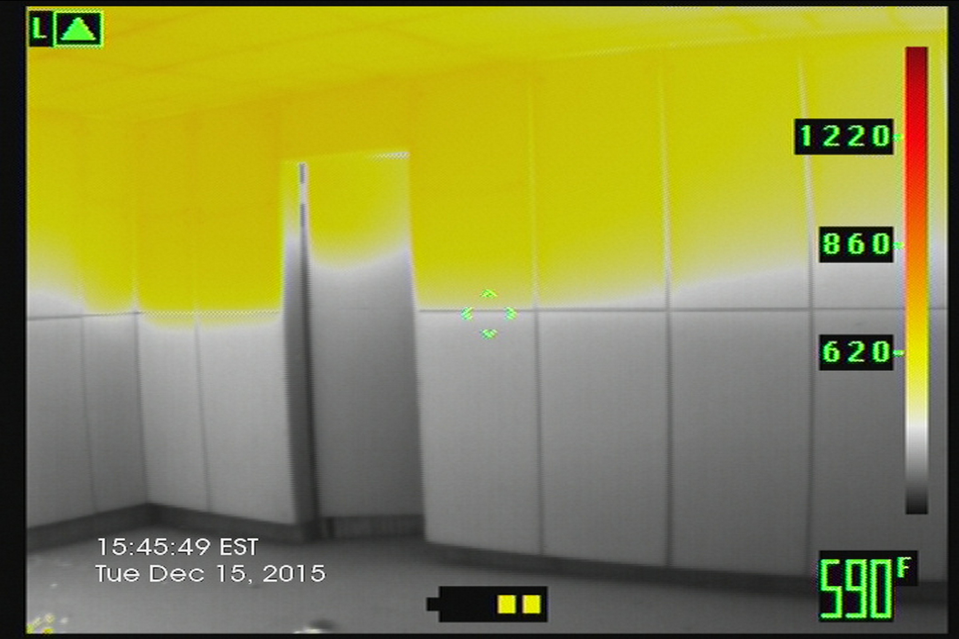 A point-to-point search is the most efficient way to locate the fire room.