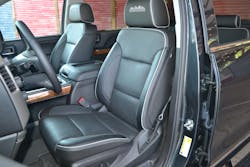 The outboard edge of the driver&rsquo;s seat of this 2018 Chevrolet Silverado 1500 shows that the seat contains a seat-mounted airbag. Photos by Ron Moore
