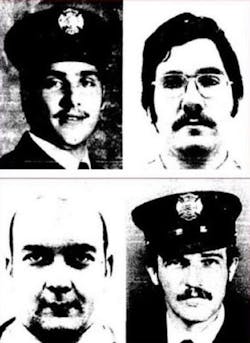 Syracuse, NY, firefighters Stanley Duda, Michael Petragnani, Frank Porpiglio, Jr. and Robert Shuler died battling a blaze on University Ave. on April 9, 1978.