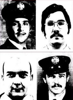 Syracuse, NY, firefighters Stanley Duda, Michael Petragnani, Frank Porpiglio, Jr. and Robert Shuler died battling a blaze on University Ave. on April 9, 1978. Syracuse, NY, firefighters Stanley Duda, Michael Petragnani, Frank Porpiglio, Jr. and Robert Shuler died battling a blaze on University Ave. on April 9, 1978.