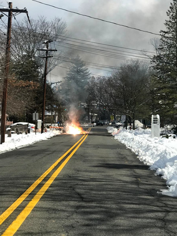 While awaiting the arrival of PSE&G, a portion of the tree fell and with it tore down multiple powerlines onto the roadway and on top of a nearby vehicle. The high-tension lines began arcing in the roadway and on top of the vehicle, which was close to a nearby structure.