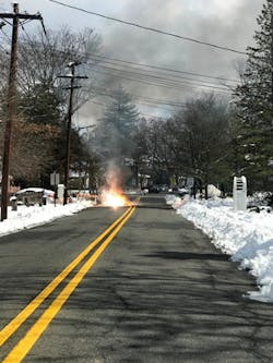 While awaiting the arrival of PSE&G, a portion of the tree fell and with it tore down multiple powerlines onto the roadway and on top of a nearby vehicle. The high-tension lines began arcing in the roadway and on top of the vehicle, which was close to a nearby structure. While awaiting the arrival of PSE&G, a portion of the tree fell and with it tore down multiple powerlines onto the roadway and on top of a nearby vehicle. The high-tension lines began arcing in the roadway and on top of the vehicle, which was close to a nearby structure.
