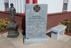 Three memorials, including a bench and a firefighter statue, are located outside the West Volunteer Fire Department's station. Three memorials, including a bench and a firefighter statue, are located outside the West Volunteer Fire Department's station.