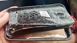 This photo shows the damage to a cell phone before it sparked a vehicle fire in Belleville, IL, on Saturday, May 5, 2018. This photo shows the damage to a cell phone before it sparked a vehicle fire in Belleville, IL, on Saturday, May 5, 2018.