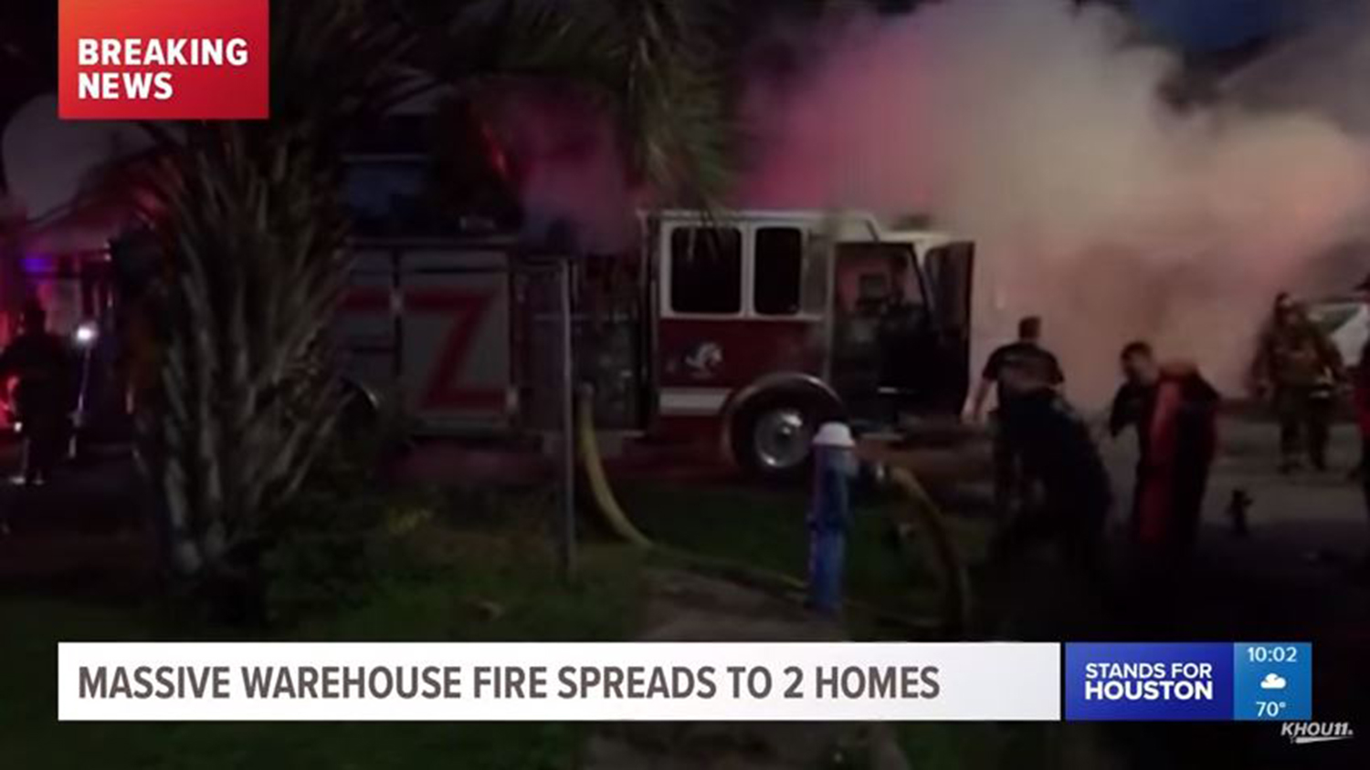 A mechanical problem caused a fire aboard this pumper during a warehouse fire in Houston.