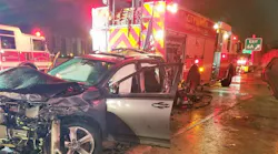 A Toyota SUV sits mangled after a wreck in which two firefighters were struck and one person was killed along I-95 in Miami, FL, on Saturday, May 19, 2018.