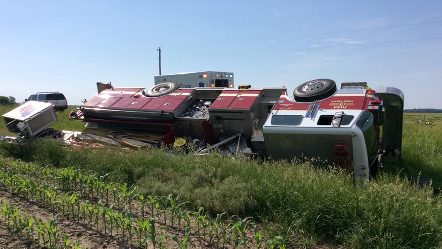 Three firefighters suffered minor injuries when the Pana Fire & EMS ladder truck flipped over Friday.