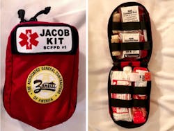 The JACOB Kit contains a CAT tourniquet, two chest seals, bandages and medical gloves. These life-saving tools are not only beneficial for the teachers and staff in the school, but also provides for additional resources that are prepositioned onsite within the building for emergency workers to use. The JACOB Kit contains a CAT tourniquet, two chest seals, bandages and medical gloves. These life-saving tools are not only beneficial for the teachers and staff in the school, but also provides for additional resources that are prepositioned onsite within the building for emergency workers to use.