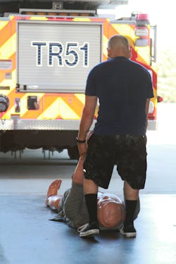 Workouts included exercise involving a variety of firefighting-related movements, including dragging rescue dummies and sledgehammer swings. Workouts included exercise involving a variety of firefighting-related movements, including dragging rescue dummies and sledgehammer swings.