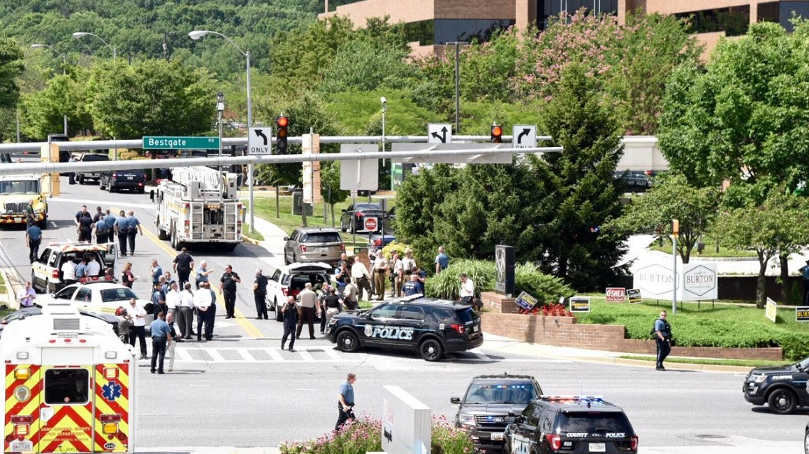 Emergency crews on scene during an active shooter incident at the offices of the Capital newspaper in Annapolis, MD, on Thursday, June 28, 2018.