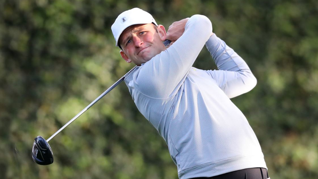 Brockton, MA, firefighter Matt Parziale, the U.S. Mid-Amateur champion, tees off during a practice round for the Masters in Augusta, GA, on April 2, 2018.