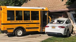The aftermath of a school bus crash in Amityville, NY, on Tuesday, June 12, 2018, that left five children with minor injuries.