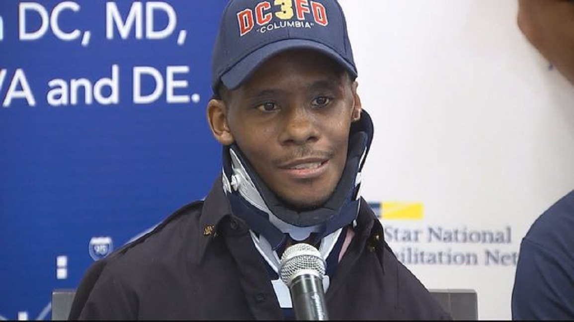 DC firefighter Dane Smothers Jr. in October 2017 after spending three months in a hospital.