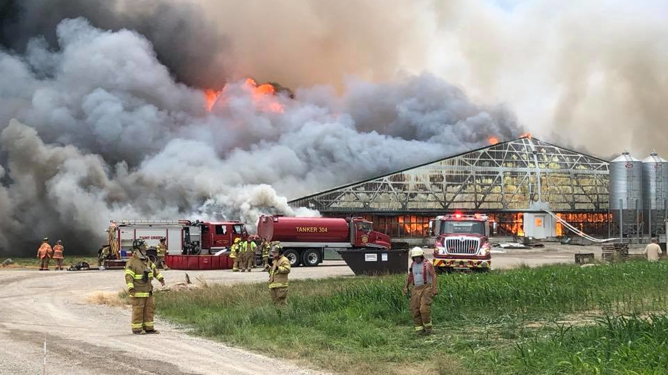 Firefighters on scene during a massive fire that destroyed two barns and killed as many as 5,000 pigs at a hog farm in Wayne Township, OH, on Tuesday, June 19, 2018.