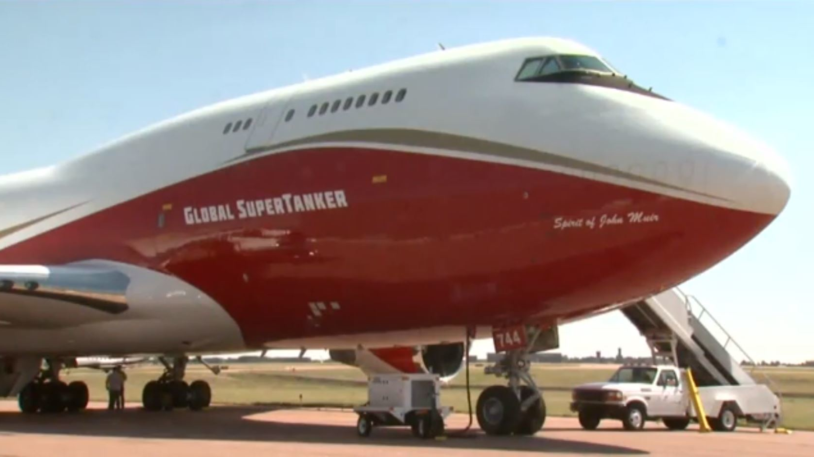 The Global SuperTanker, a converted Boeing 747 that can drop 20,000 gallons of water or retardant in a single pass.