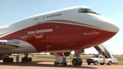The Global SuperTanker, a converted Boeing 747 that can drop 20,000 gallons of water or retardant in a single pass. The Global SuperTanker, a converted Boeing 747 that can drop 20,000 gallons of water or retardant in a single pass.